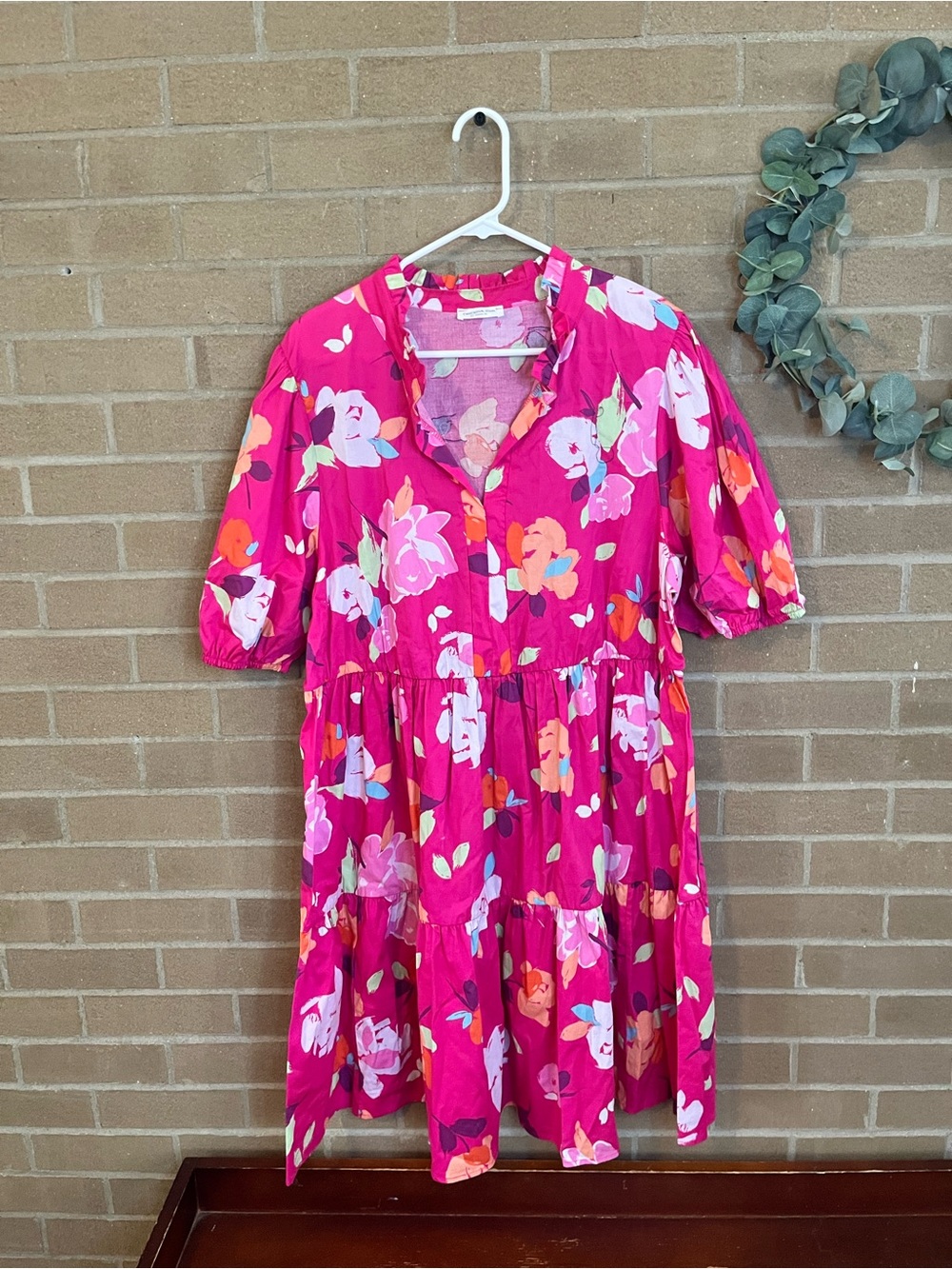 Bright Pink Floral Mini Dress with Puff Sleeves